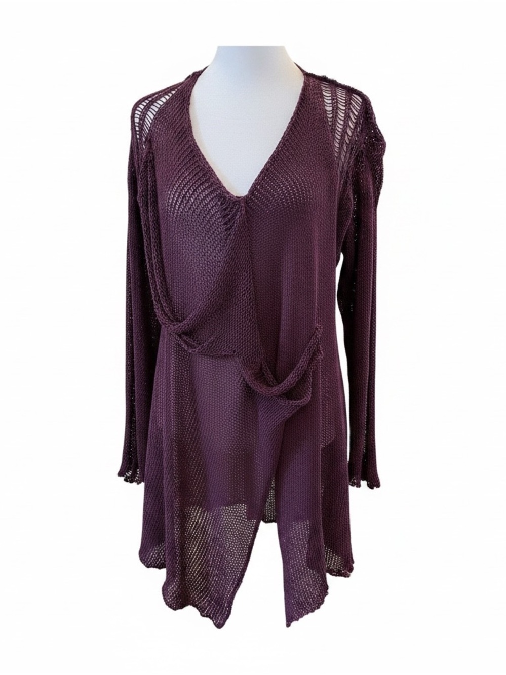 Women’s Open-Knit V-Neck Sweater Tunic - Plum